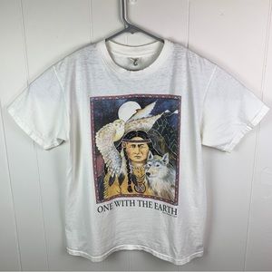 Vintage 1992 Native American Alpha Wolf Owl Shirt Mens Large White Human I Tees